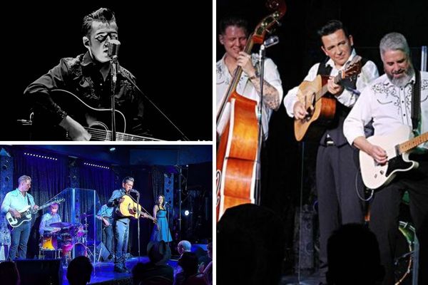 A promotional image for the CASH After Dark Johnny Cash tribute show, featuring the performer Cliff Wright in a black suit with a guitar, in a dramatic pose on a stage.
