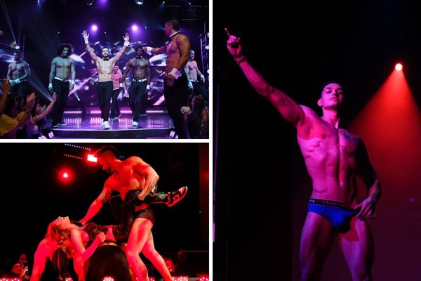 A promotional image for the Chippendales Las Vegas show, featuring a cast of male dancers posing shirtless in black bow ties and cuffs.