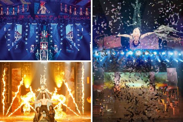 A promotional image for the Criss Angel Mindfreak show in Las Vegas, showing the magician with a microphone on a stage with a dramatic spotlight.