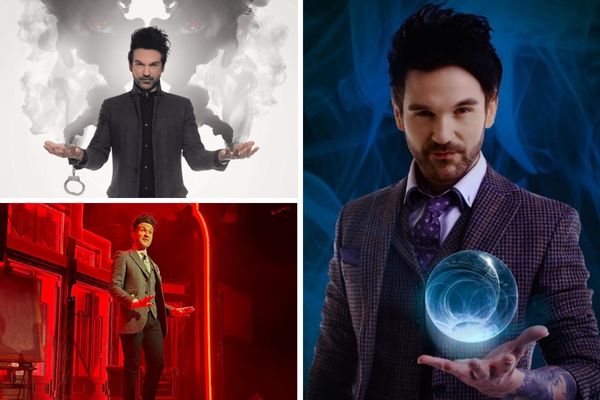 A promotional image for Colin Cloud's Mastermind show in Las Vegas, showing the mentalist on a stage with a dramatic spotlight, with his hands in a questioning pose.