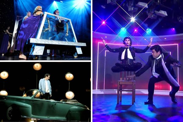 A promotional image for the David Copperfield show, featuring the magician on a stage with a magician's assistant, and a backdrop of a city.