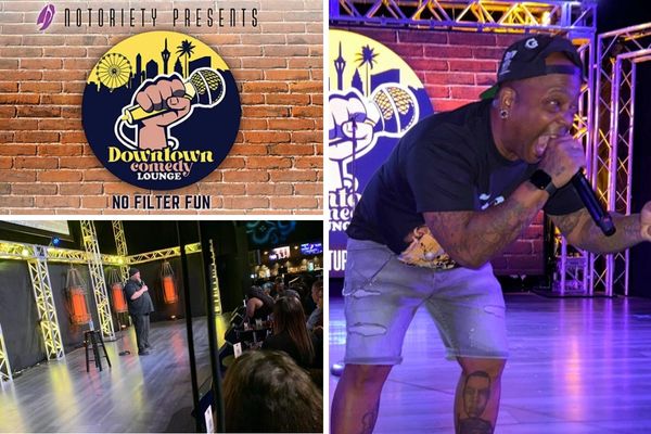 A promotional image for the Downtown Comedy Lounge, showing a comedian on a stage with a microphone and a crowd of people in the audience.