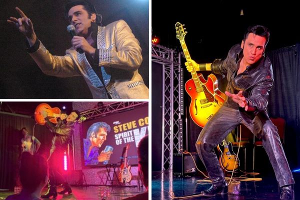 A promotional image for the ELVIS: Spirit of The King show, showing the performer Steve Connolly dressed as Elvis in various costumes, performing on stage with a live band.