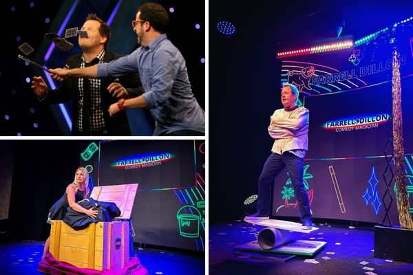 A promotional image for the Farrell Dillon Magic Show, showing the magician performing an illusion with a large padlock while an audience member watches.