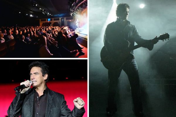 A promotional image for the Gordie Brown show in Las Vegas, showing the performer on a stage with a guitar, and an audience in a packed theater enjoying the music and comedy.