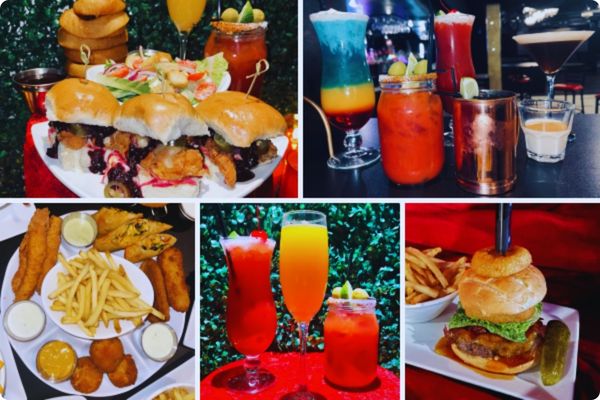 A promotional image for Hamburger Mary's food menu, showing a variety of burgers, milkshakes, and flatbreads that are served during the drag show.