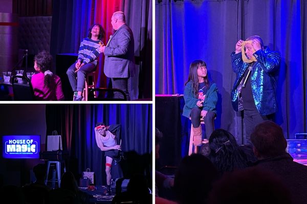 A promotional image for The House of Magic Las Vegas, showing a magician on a stage with a microphone and a crowd of people in the background.