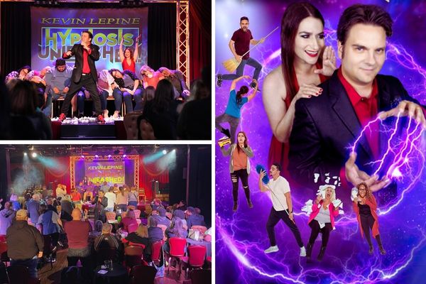A promotional image for Hypnosis Unleashed, showing the hypnotist Kevin Lepine on a stage with a crowd of people in the background, with a bright, colorful light behind him.
