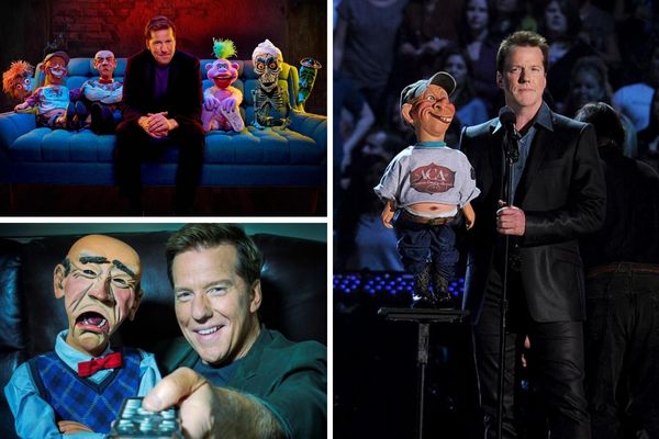 A promotional image for the Jeff Dunham Still Not Cancelled Las Vegas show, showing the comedian with his cast of puppets, including Walter, Peanut, and Achmed.