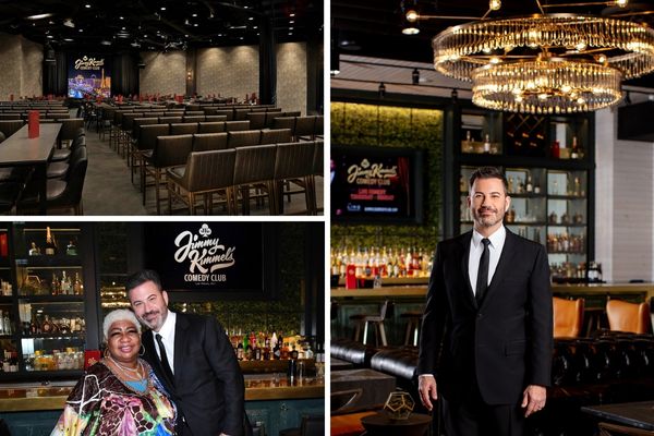 A promotional image for Jimmy Kimmel's Comedy Club in Las Vegas, showing the inside of the venue with red chairs and a stage with a microphone.