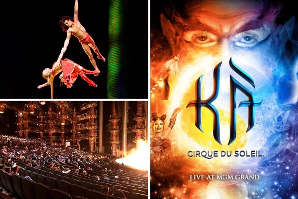 A promotional image for KÀ by Cirque du Soleil, showing performers in a gravity-defying acrobatic show on a vertical stage.