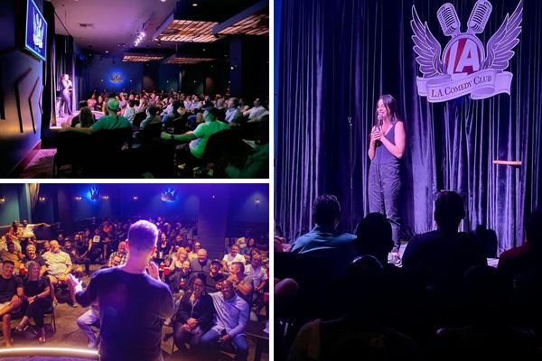 A promotional image for the L.A. Comedy Club, showing a comedian with a microphone on a stage with a red brick wall behind him.
