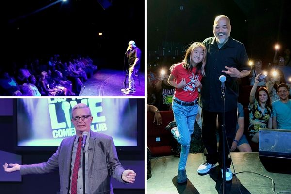 A promotional image collage for the Las Vegas Live Comedy Club, showing a comedian performing on a stage and the interior of the club with a crowd of people in the audience.