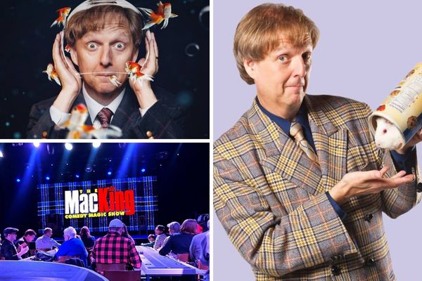 A promotional image for the Mac King Comedy Magic Show, showing the magician on a stage with a goldfish in a bowl and a crowd of people in the background.