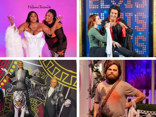 A collage of four photos from Madame Tussauds in Las Vegas showing wax figures of Lizzo Elvis Presley Siegfried & Roy and a character from The Hangover