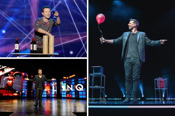 A promotional image for the Mat Franco Magic Show in Las Vegas, showing the magician on a stage with a deck of cards in his hands and a crowd of people behind him.