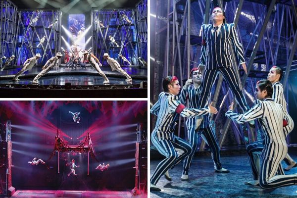 A promotional image for Michael Jackson ONE, showing a group of acrobats and dancers in a choreographed routine.