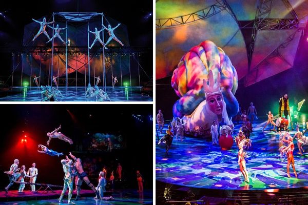 A promotional image for Mystere by Cirque du Soleil, showing a group of performers in a choreographed routine.