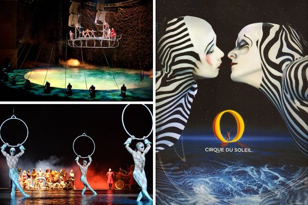 A promotional image for the 'O' by Cirque du Soleil show, showing a cast of acrobats and dancers performing in and above a giant pool of water.