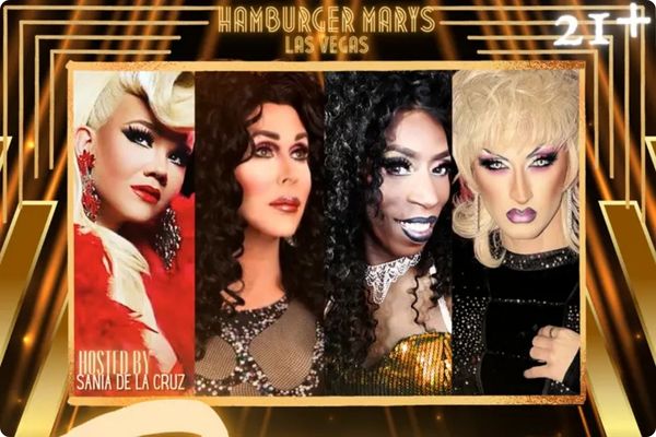 A promotional image for Hamburger Mary's Dine n Drag show in Las Vegas, showing a drag queen in a colorful wig and a dress with a burger in her hands.