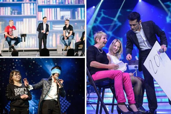 A promotional photo for the Paranormal mind reading magic show in Las Vegas, showing the performer Frederic Da Silva surrounded by a shocked audience.