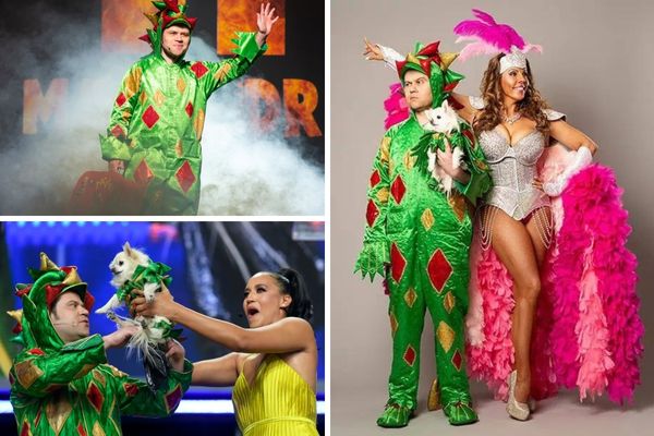 A promotional image for Piff the Magic Dragon, showing the comedian in his signature dragon costume with his chihuahua sidekick, Mr. Piffles.