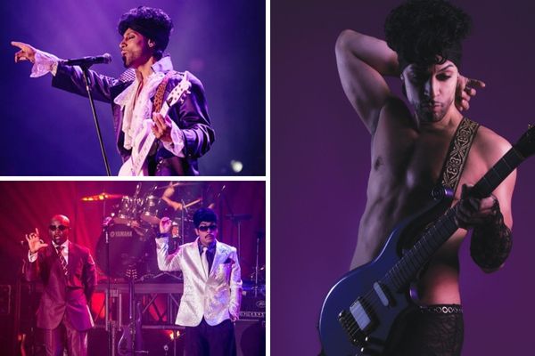 A promotional image for the Purple Reign Prince tribute show, showing the performer Jason Tenner in a purple jacket and white shirt, holding a guitar with a purple light behind him.