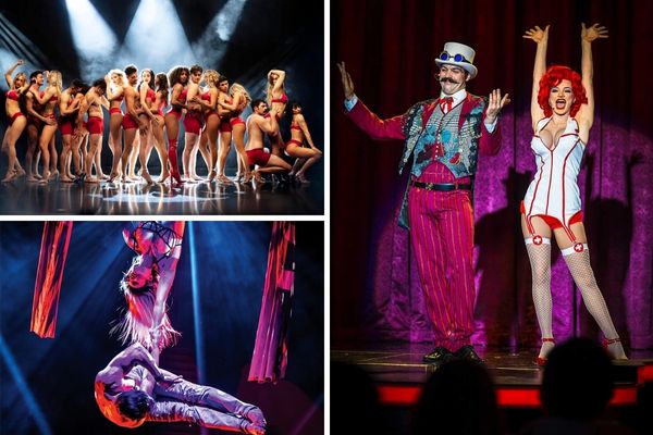 A promotional image for the ROUGE Las Vegas show, with a crowd of women on a stage with the performers, cheering and taking photos.