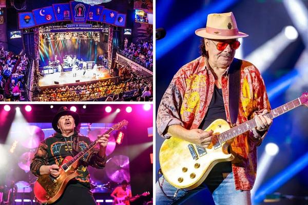 A promotional image for the Santana Greatest Hits Live show in Las Vegas, featuring Carlos Santana playing a guitar on a stage with a live band and a large screen behind them.