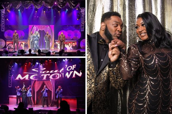 A promotional image for the Soul of Motown tribute show in Las Vegas, showing the cast of male performers singing and dancing in suits with a brightly lit 'Soul of Motown' sign behind them.