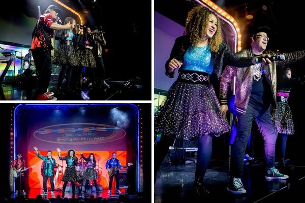 A promotional image for The Jets 80s & 90s Experience, showing the band performing on a stage with a brightly lit 'The Jets' sign in the background.