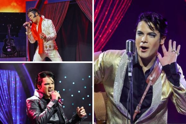 A promotional image for The King Comes Home show in Las Vegas, showing an Elvis tribute artist in a white jumpsuit with a microphone, performing on a stage with a live band and a large crowd in the background.