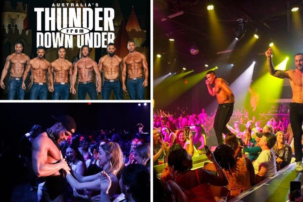 A promotional image for Thunder from Down Under, showing the cast of male dancers posing shirtless in black pants.