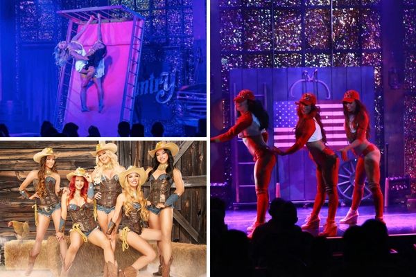 A promotional image for the X Country topless show, showing a group of female dancers in burlesque outfits with a country theme.