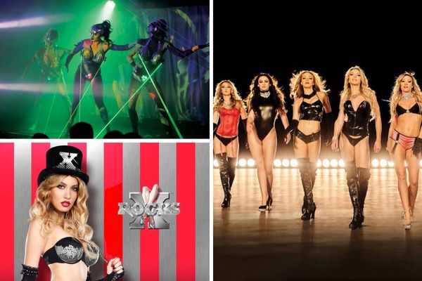 A promotional image for the X ROCKS Topless Revue, showing a cast of female performers in rock-themed outfits on a stage.