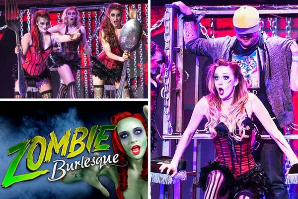 A promotional image for the Zombie Burlesque show, showing cast members performing various acts on a stage with a graveyard backdrop and a full moon.
