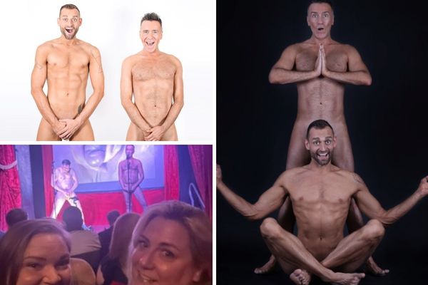 A promotional image for the Puppetry of the Penis show, with a crowd of women on a stage with the performers, cheering and taking photos.