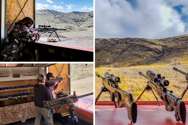 A promotional image for the Adrenaline Mountain Outdoor Shooting Experience, showing a person with a high-powered rifle in a shooting range with a mountainous backdrop.