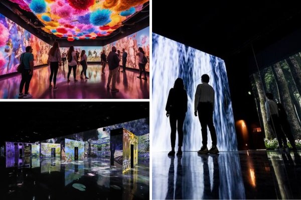 A promotional image for the ARTE Museum in Las Vegas, showing a group of people inside a surreal, super realistic world with nature-themed digital installations.