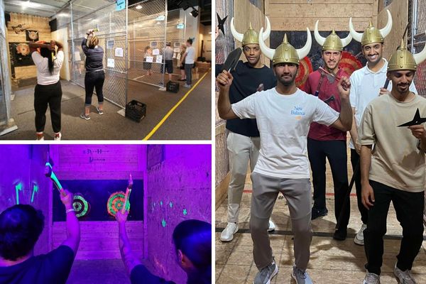 A promotional image for Axehole Las Vegas, showing a person with an axe and a crowd of people in the background, with a neon light sign.