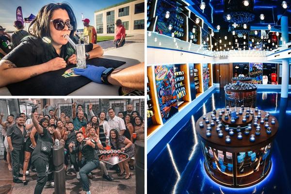 A promotional image for the Canna-Bus Dispensary Tour, showing a group of people inside a party bus with a cannabis theme.