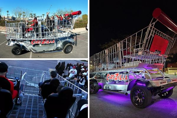 A promotional image for the Cartzilla Giant Shopping Cart Ride, showing people waving from the open-top motorized shopping cart on a tour of the Las Vegas Strip.