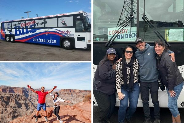 A promotional image for Comedy on Deck Tours, showing a group of tourists at the Grand Canyon West Rim.