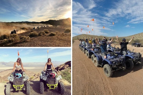 A promotional image for the Las Vegas ATV tour, showing a group of people on ATVs in the Mojave Desert with a mountainous backdrop.