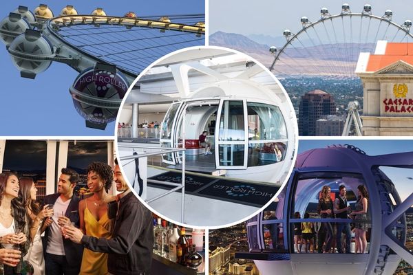 High Roller at the LINQ Las Vegas Discount Tickets - The exterior of the attraction is highlighted in pictures and guests are seen enjoying the happy half hour option.