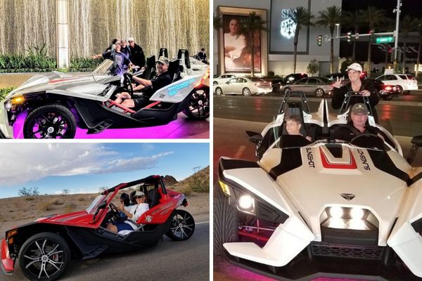 Las Vegas Discount Slingshot Rentals - excited drivers and passengers ride in powerful slingshots in Las Vegas