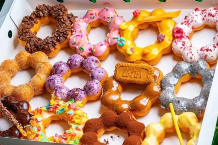 Colorful mochi donuts with various glazes and toppings from Mochinut Las Vegas