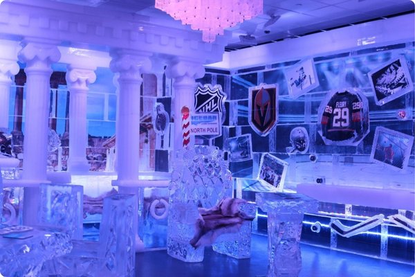 Minus 5 Ice bar at Mandalay Bay Las Vegas - Frozen ice furniture and Vegas Golden Knights memorabilia adorns the room.