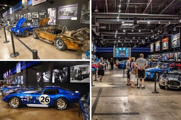 Shelby Museum Las Vegas Discount Tickets - Numerous Shelby automobiles are showcased and admiring fans of muscle cars look on.