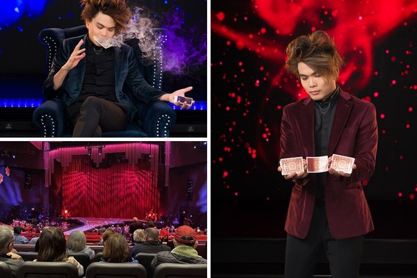 A promotional image for the Shin Lim Limitless show, featuring magician Shin Lim with cards in his hands on a stage with the show's logo behind him.